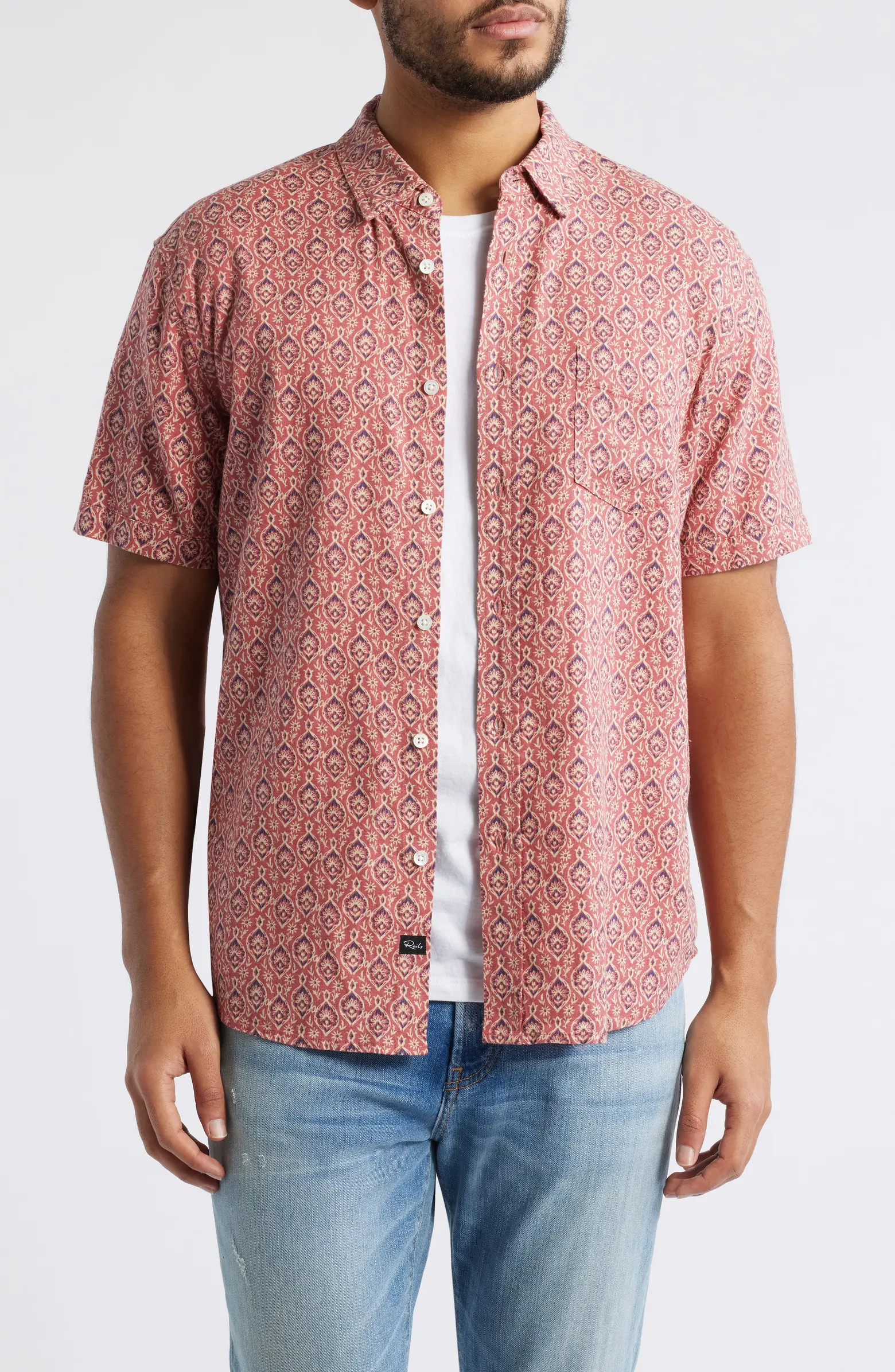 Carson Floral Short Sleeve Stretch Linen Blend Button-Up Shirt | Nordstrom