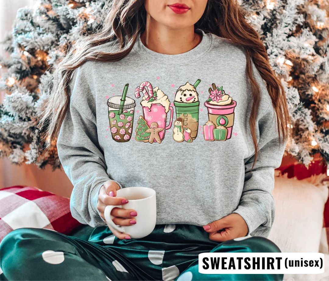 Christmas Coffee Sweatshirt Pink Christmas Sweatshirt - Etsy | Etsy (US)