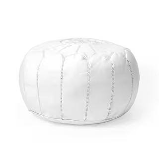 Handmade Moroccan Leather Filled Ottoman White Round Pouf | The Home Depot