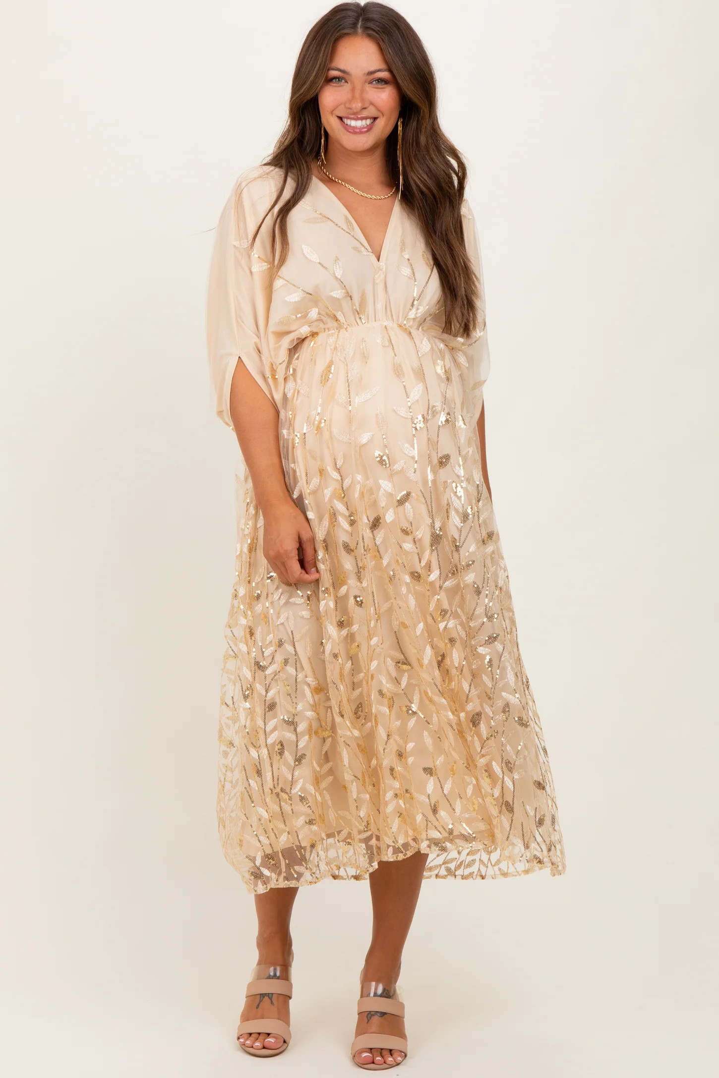 Light Gold Embroidered Tulle Dolman V-Neck Maternity Midi Dress | PinkBlush Maternity