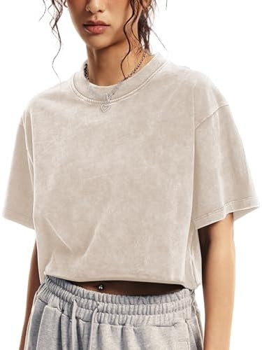 Womens Oversized Vintage T Shirts Casual Cropped Tees Short Sleeve Cotton Acid Wash Tops Summer G... | Amazon (US)