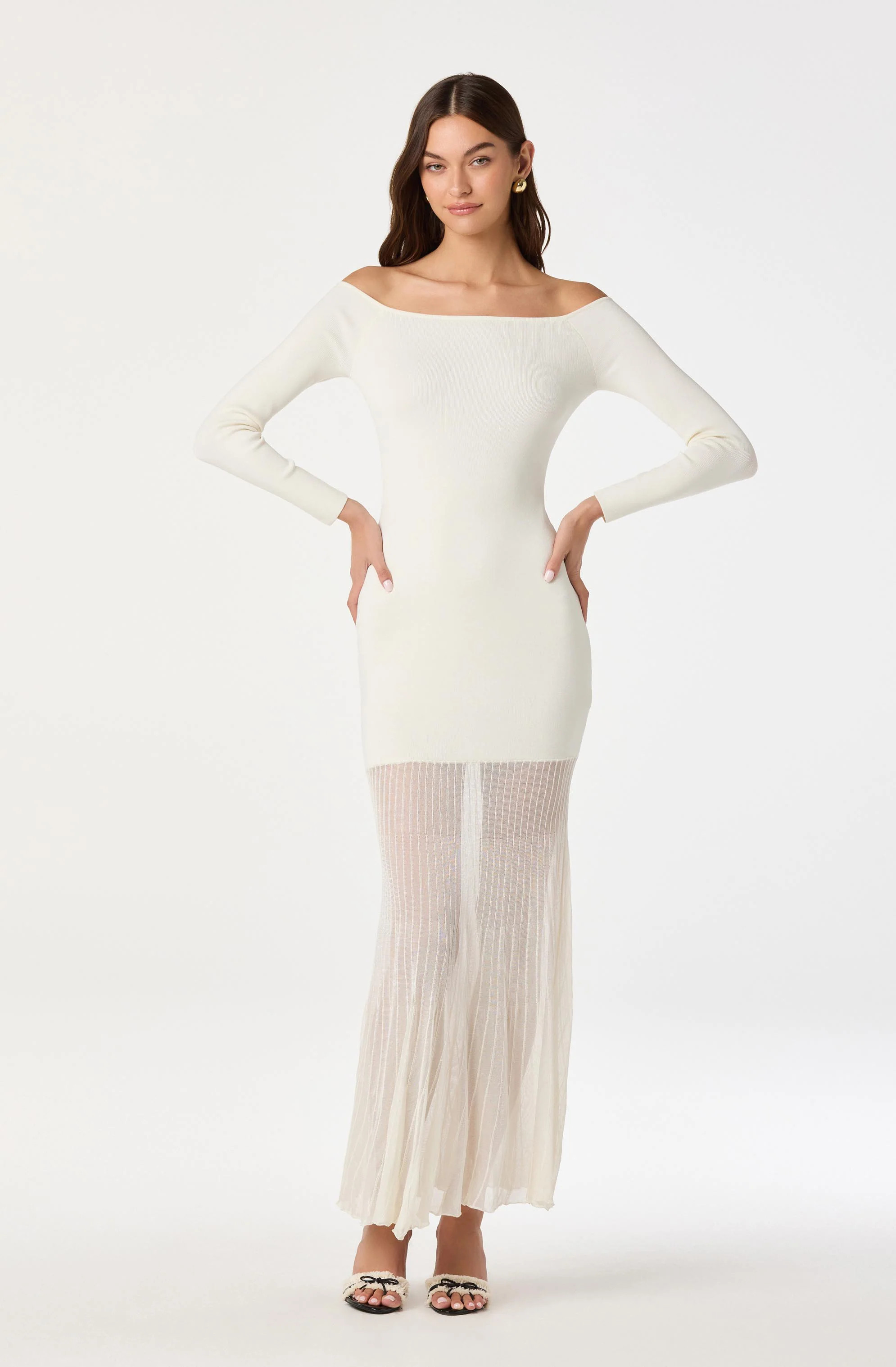 Off Shoulder Mesh Panel Hem Dress - Cream / S | ASTR The Label (US)