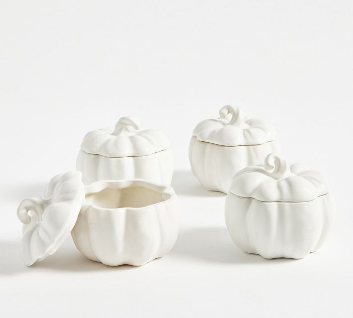 Pumpkin Stoneware Lidded Bowls, Set of 4 - Orange | Pottery Barn (US)