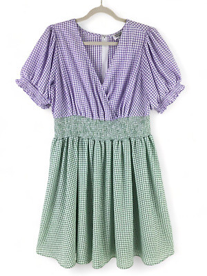 Unique Vintage Gingham Seersucker Midi Dress sz 1X 16 Puff Sleeve Flared Smocked  | eBay | eBay US