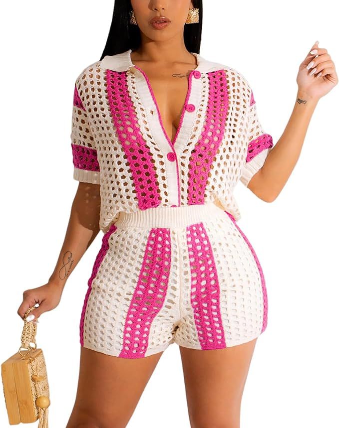 Women's Crochet Sets Two Piece Outfits Cute Button Down Shirt High Waist Shorts Set Matching Sets... | Amazon (US)