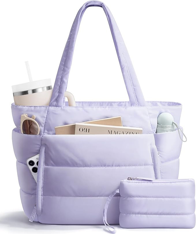 Puffer Tote Bag for Women, Lightweight Puffy Work Handbag Teacher Nurse Quilted Shoulder Bag for ... | Amazon (US)