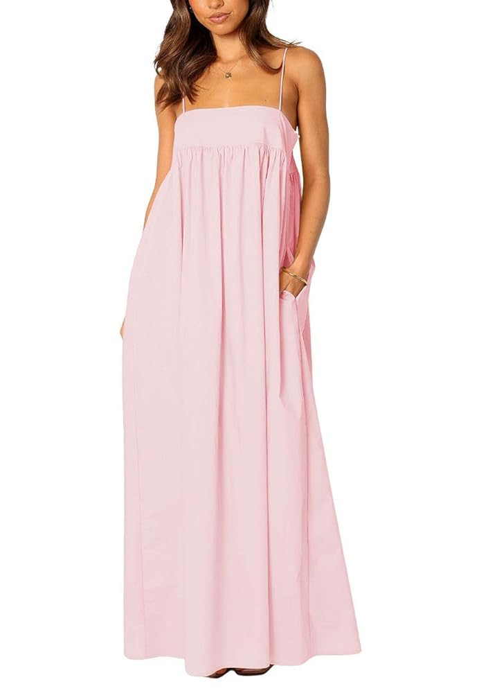 ebossy Women's Summer Backless Tied Spaghetti Straps Casual Loose Cutout Maxi Dress with Pockets | Amazon (US)