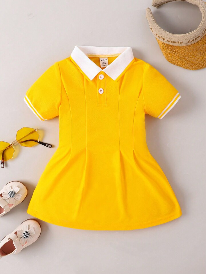 SHEIN Baby Girl Contrast Collar Fold Pleated Detail Polo Neck Dress | SHEIN