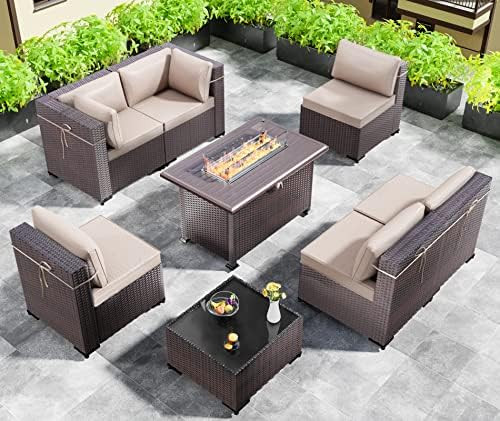 ALAULM 8 Pieces Outdoor Patio Furniture Set with Propane Fire Pit Table Outdoor Sectional Sofa Se... | Amazon (US)