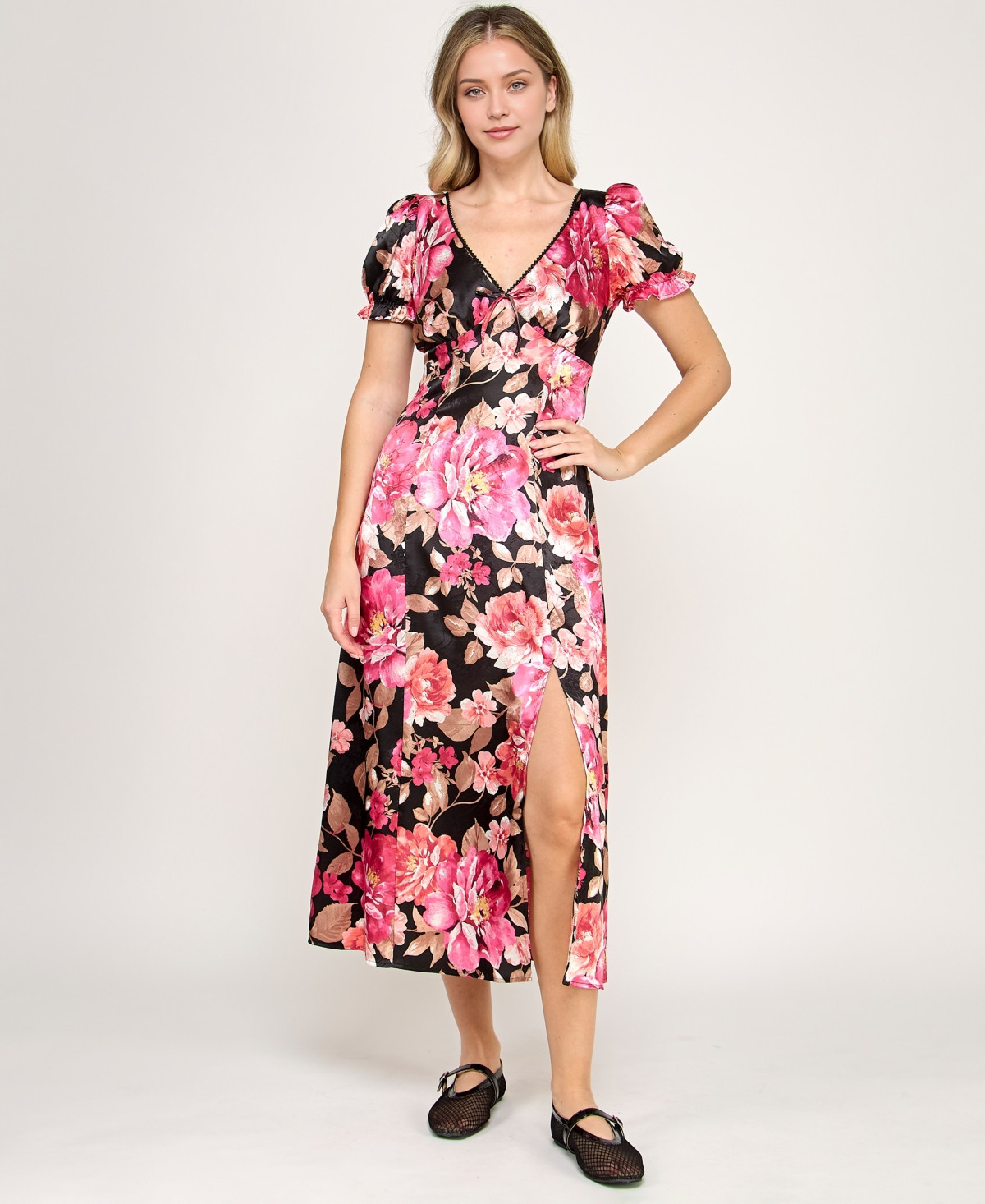 Crystal Doll Women's Printed V-Neck Satin Midi Dress - Black/pink | Macy's