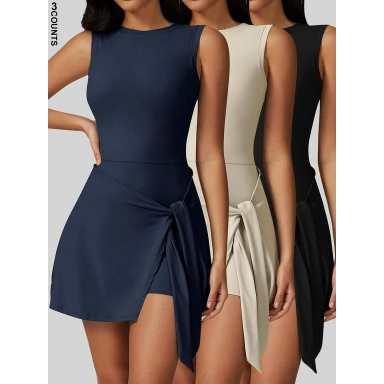 Women's Solid Knot Wrap Sports Tank Romper, Casual Round Neck Romper for Summer, Back-to-School Clothing, Sports Sleeveless Onesies, Pickleball Clothes, Tennis Outfits, Ladies Sportswear | Walmart (US)