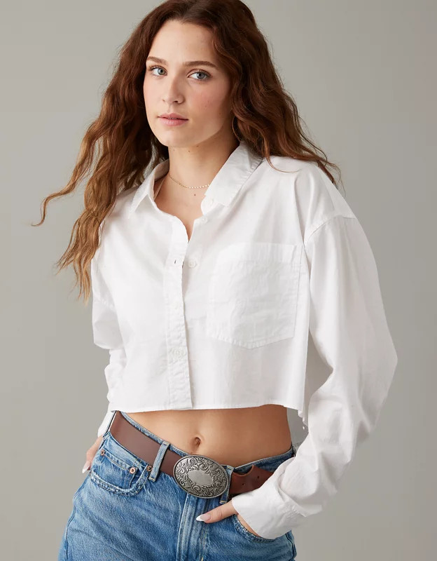 AE Cropped Perfect Button-Up Shirt | American Eagle Outfitters (US & CA)