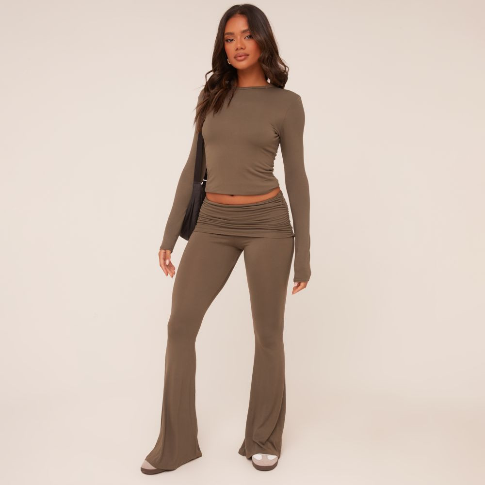 Fold Over Waistband Detail Flared Trousers In Khaki Green | EGO (UK)