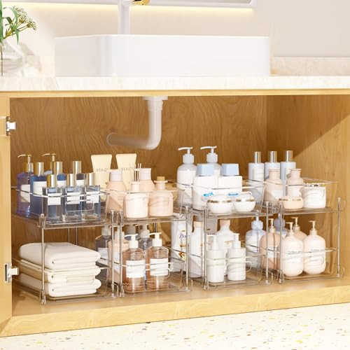 Vtopmart 4 Pack Bathroom Organizer, 2 Tier Clear Under Sink Organizers Vanity Countertop Storage ... | Amazon (US)