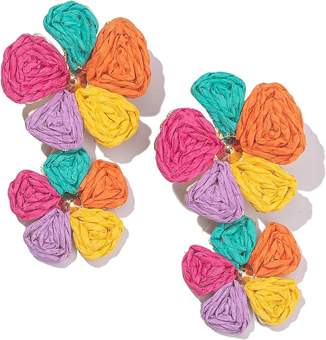 Flower Drop Earrings Floral Raffia Earrings Boho Statement Dangle Earrings Trendy Cute Summer Jew... | Amazon (US)
