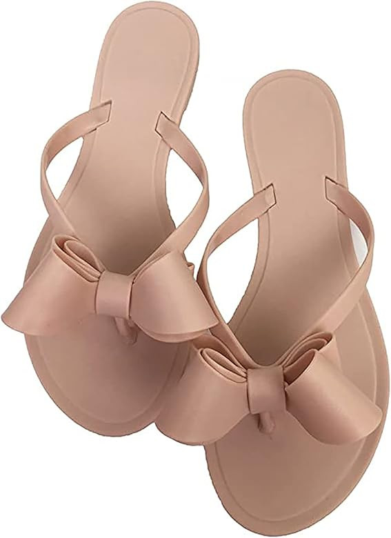 Mtzyoa Women Flip-Flops Flat Sandals Jelly Bow Beach Flat Rivets Rain Cute Dressy Summer Sandals | Amazon (US)