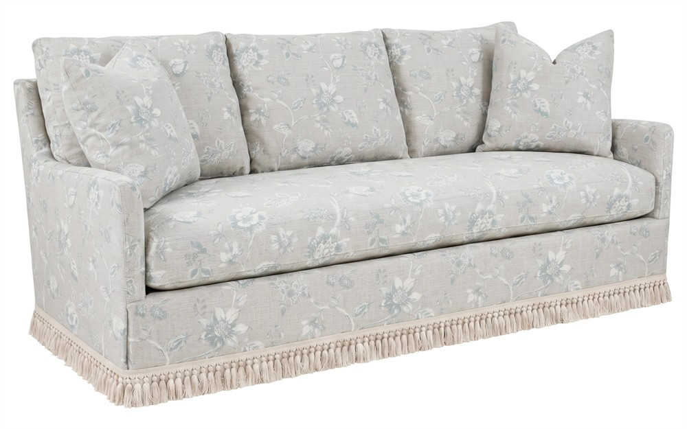 Lucinda Seine Blue Stripe Sofa With Fringe - 86” | Kathy Kuo Home