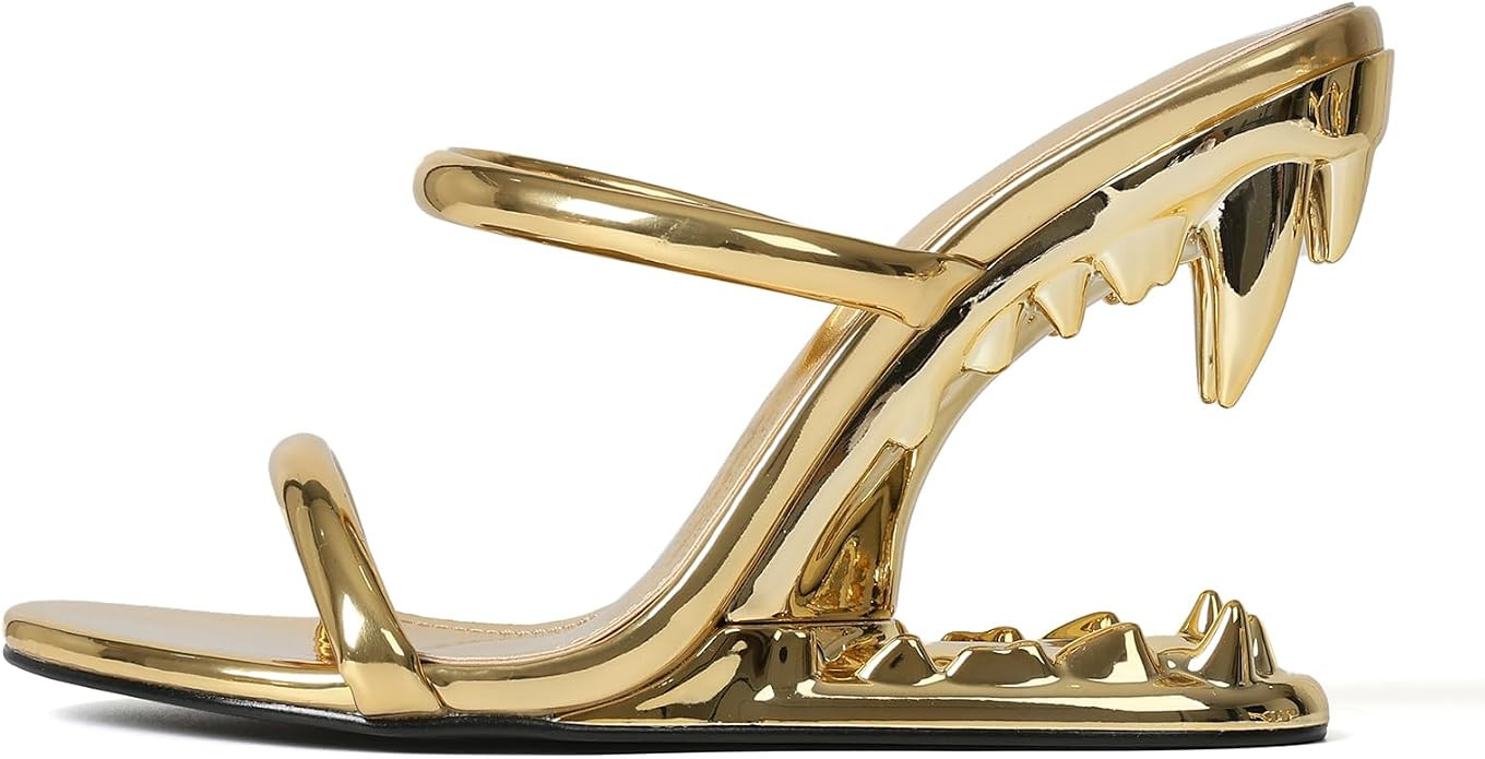 Goiphrri Wedge Sandals for Women Strappy Heels Round Open Toe Heels Metallic Shark Tiger Teeth he... | Amazon (US)