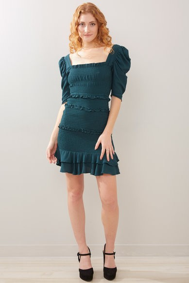 Forest Green Puff Sleeve Smocked Dress | South Moon Under