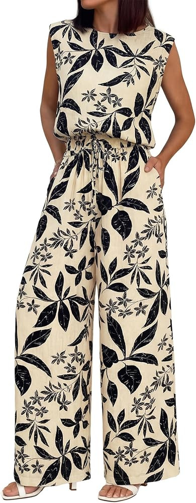BTFBM Lounge Sets For Women Summer Sweatsuits 2 Piece Tracksuit Sleeveless Tops Wide Leg Pants Fl... | Amazon (US)