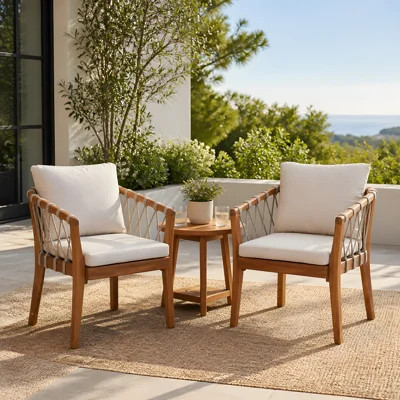 Leah Outdoor Acacia Wood Dining Chairs with Woven Rope & Water-Repellent Cushions | Wayfair North America