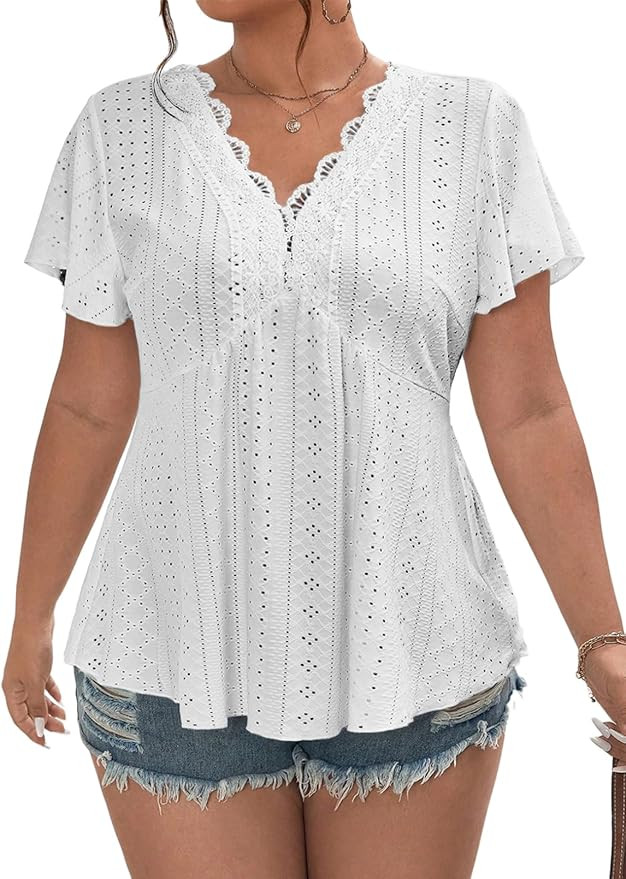 Eytino Womens Plus Size Tops Lace Crochet V Neck Short Sleeve Eyelet Blouse Loose Casual Summer P... | Amazon (US)