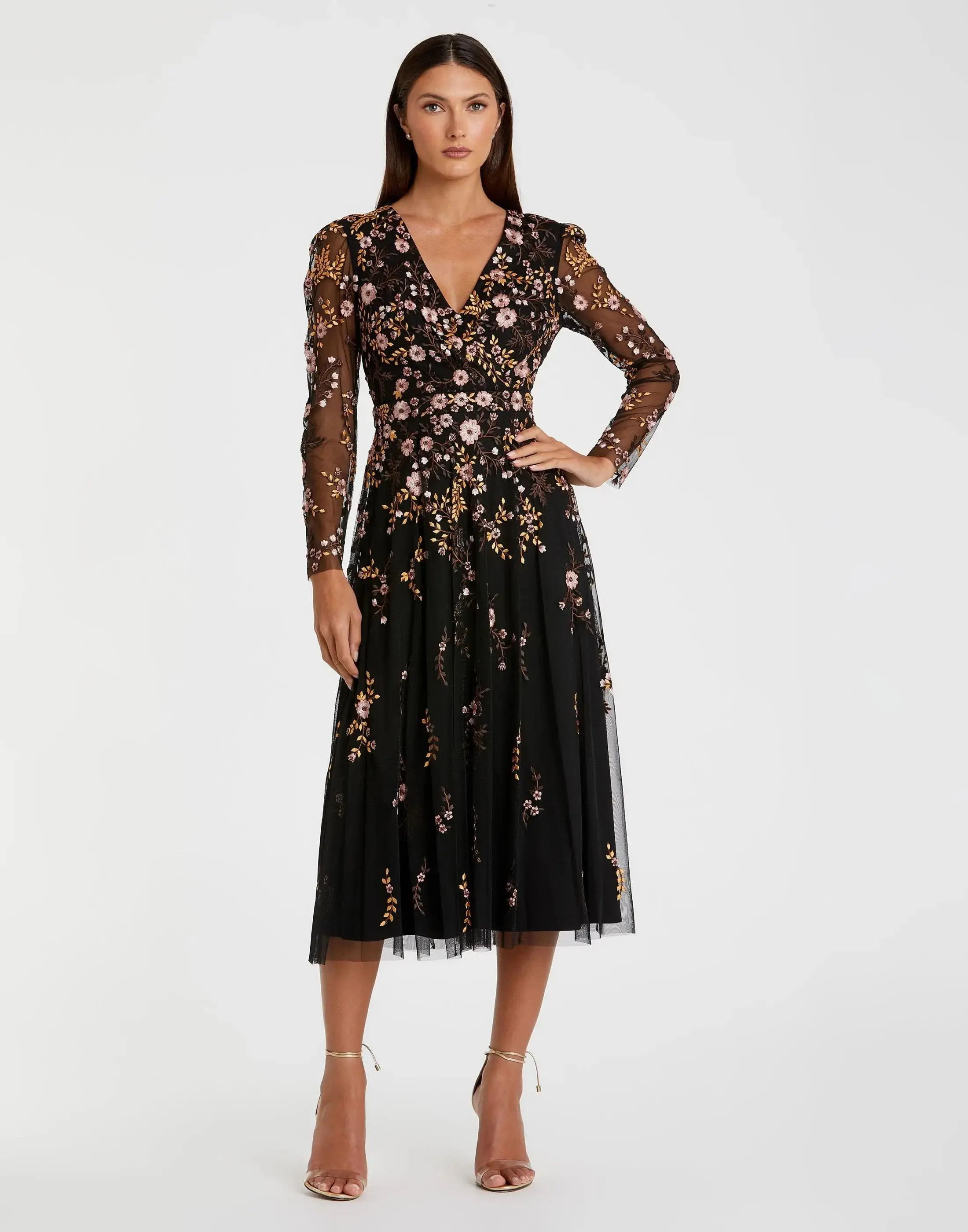 Black Multicolor Floral Embroidered A-Line Cocktail Dress - Mac Duggal | Mac Duggal