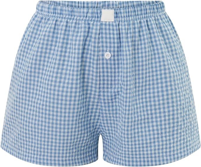 Y2k Plaid Shorts Cute Baggy Ginghem Boxer Shorts for Women Checked Lounge Pajama Bottom Preppy Sl... | Amazon (US)