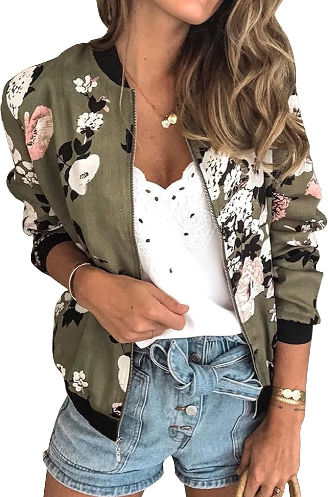 ECOWISH Women's Casual Floral Zip Up Bomber Jacket Coat Crew Neck Lightweight Short Camo Outwear ... | Amazon (US)