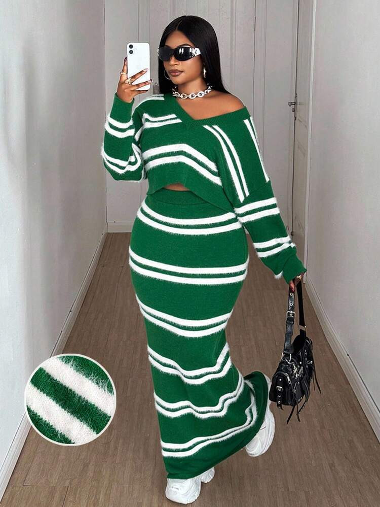 Maweii Women's Plus Size Short Loose Top, Elegant Casual Green & White Striped V-Neck Y2K Lounge ... | SHEIN