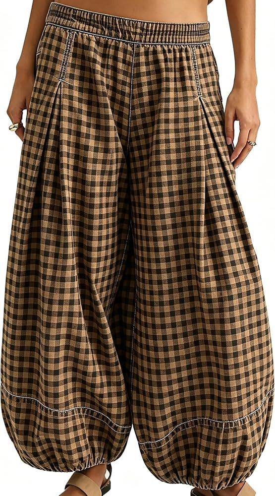 Women Gingham Ballon Pants Casual Barrel Pant Baggy Trousers | Amazon (US)