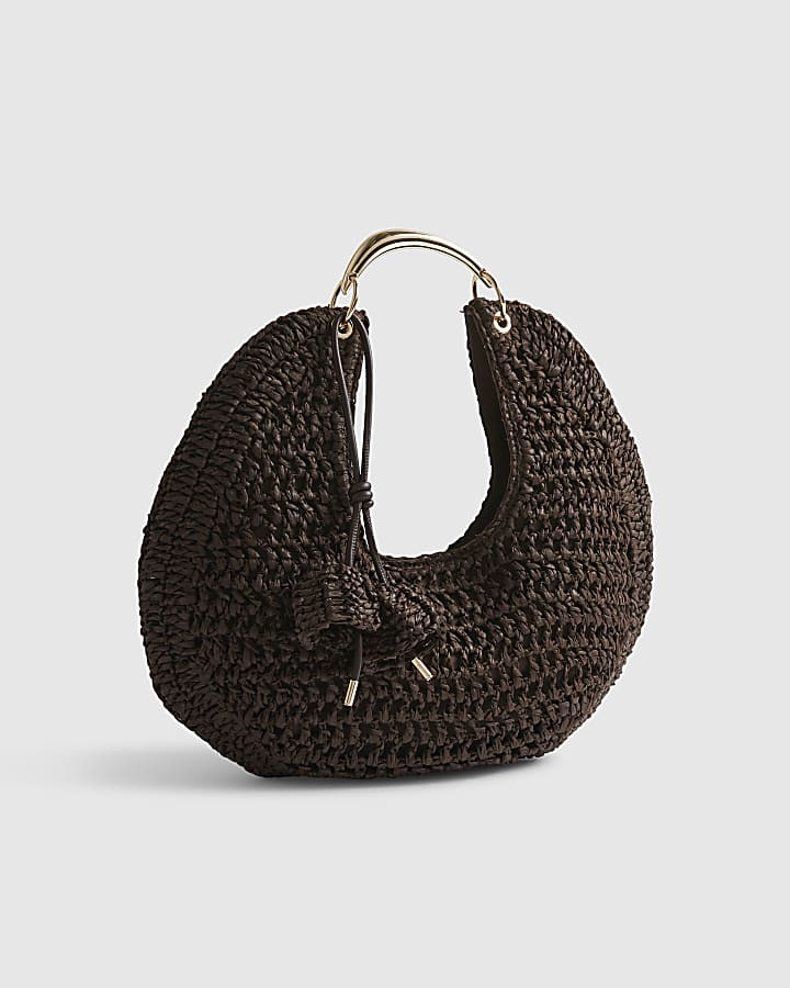 Brown Raffia Metal Handle Scoop Bag | River Island UK & IE