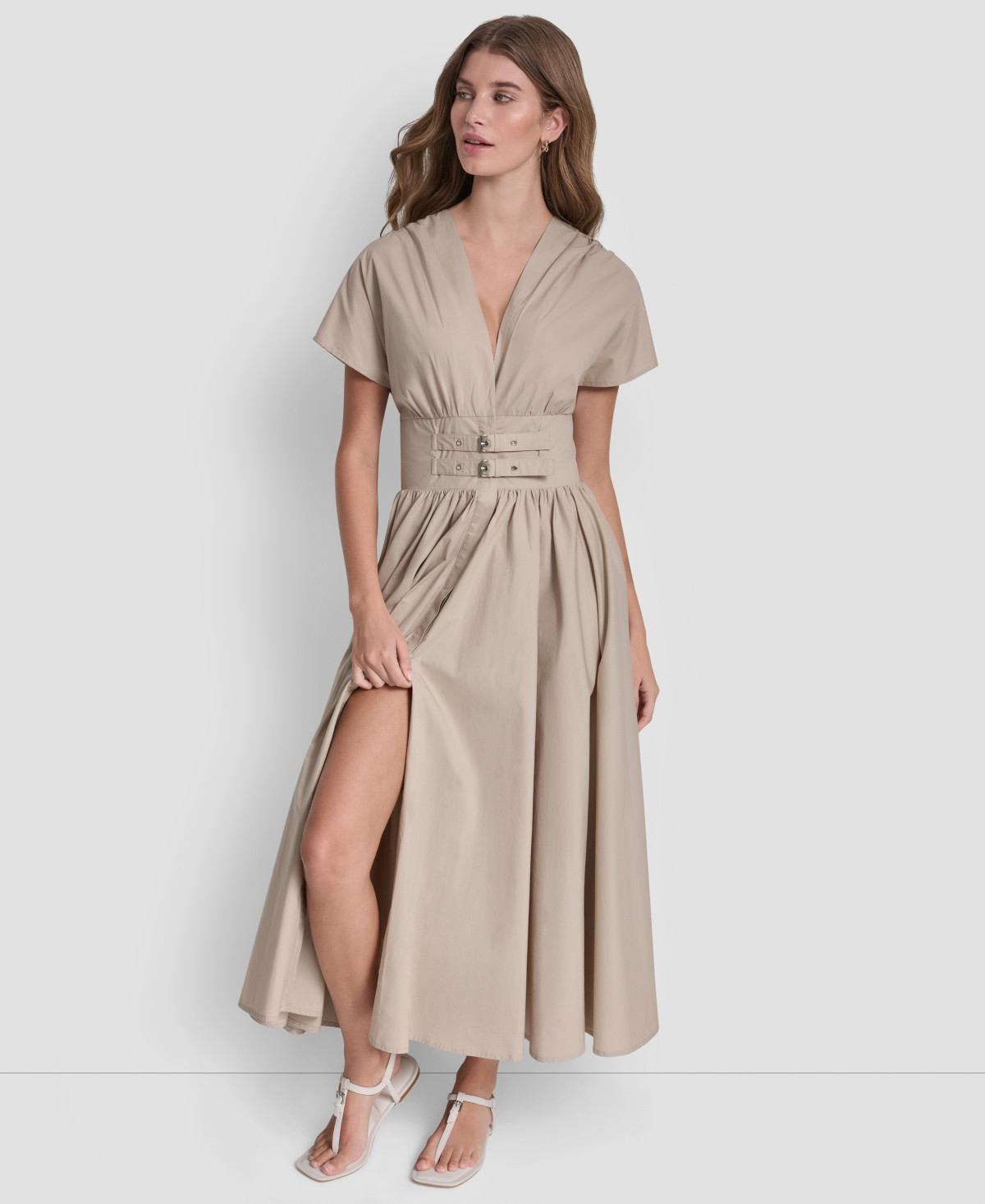 Dkny Jeans Women's Poplin Smocked-Waist V-Neck Midi Dress - Pebble | Macy's