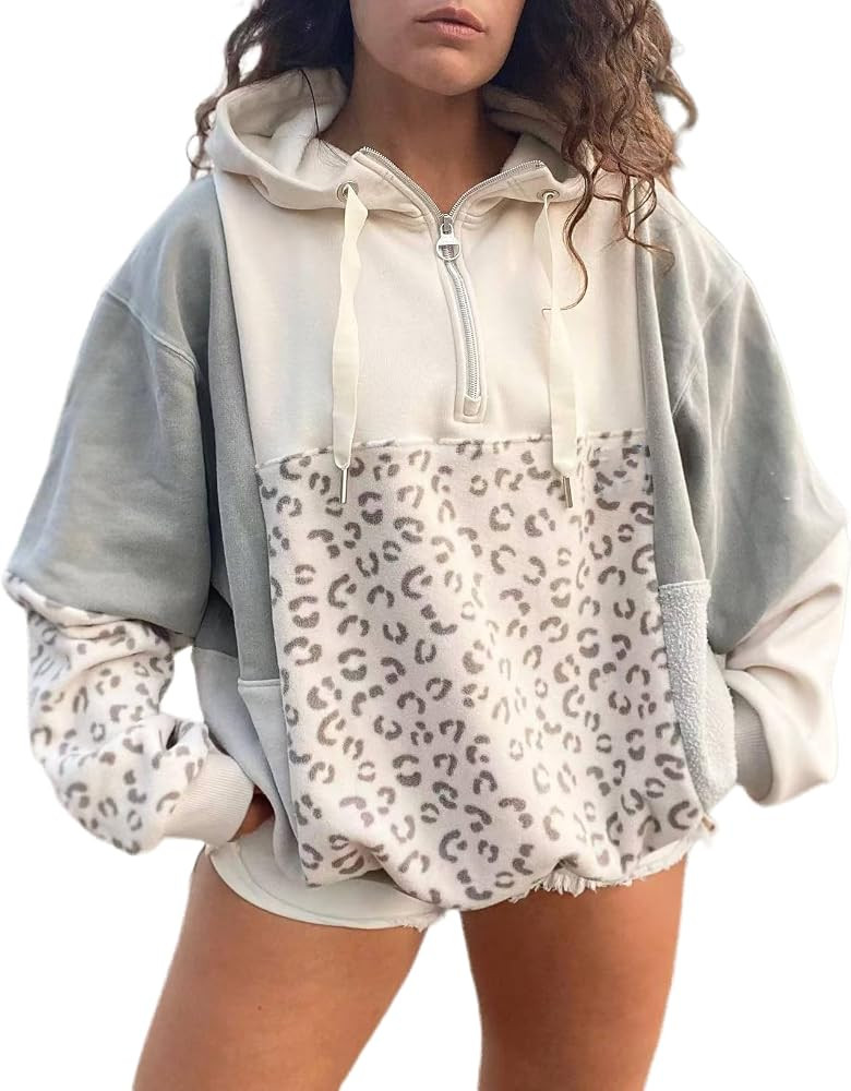 Women's Leopard Print Pullover Hoodie Color Block Hoodies Half Zip Long Sleeve Trendy Drawstring ... | Amazon (US)