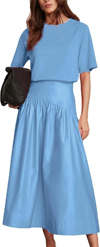 Bozanly Summer Two Piece Outfits Skirts Set for Women Crewneck Short Sleeve Tee and Midi Skirt Se... | Amazon (US)