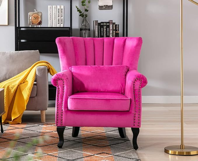 Rose Accent Chair Velvet Wingback Chair with Pillow Nail-Head Channel Tufted Oversized Club Chair... | Amazon (US)