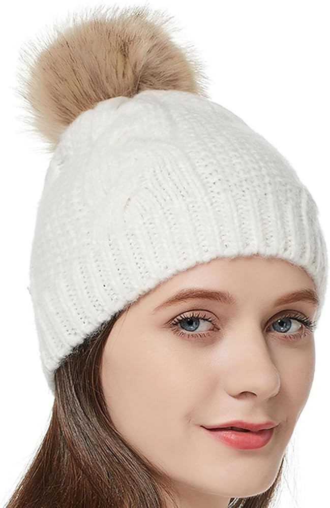 Womens Knit Beanie Hat Fall Winter Cable Knitted Hats with Faux Fur Pom Warm Comfy Beanies for Hi... | Amazon (US)