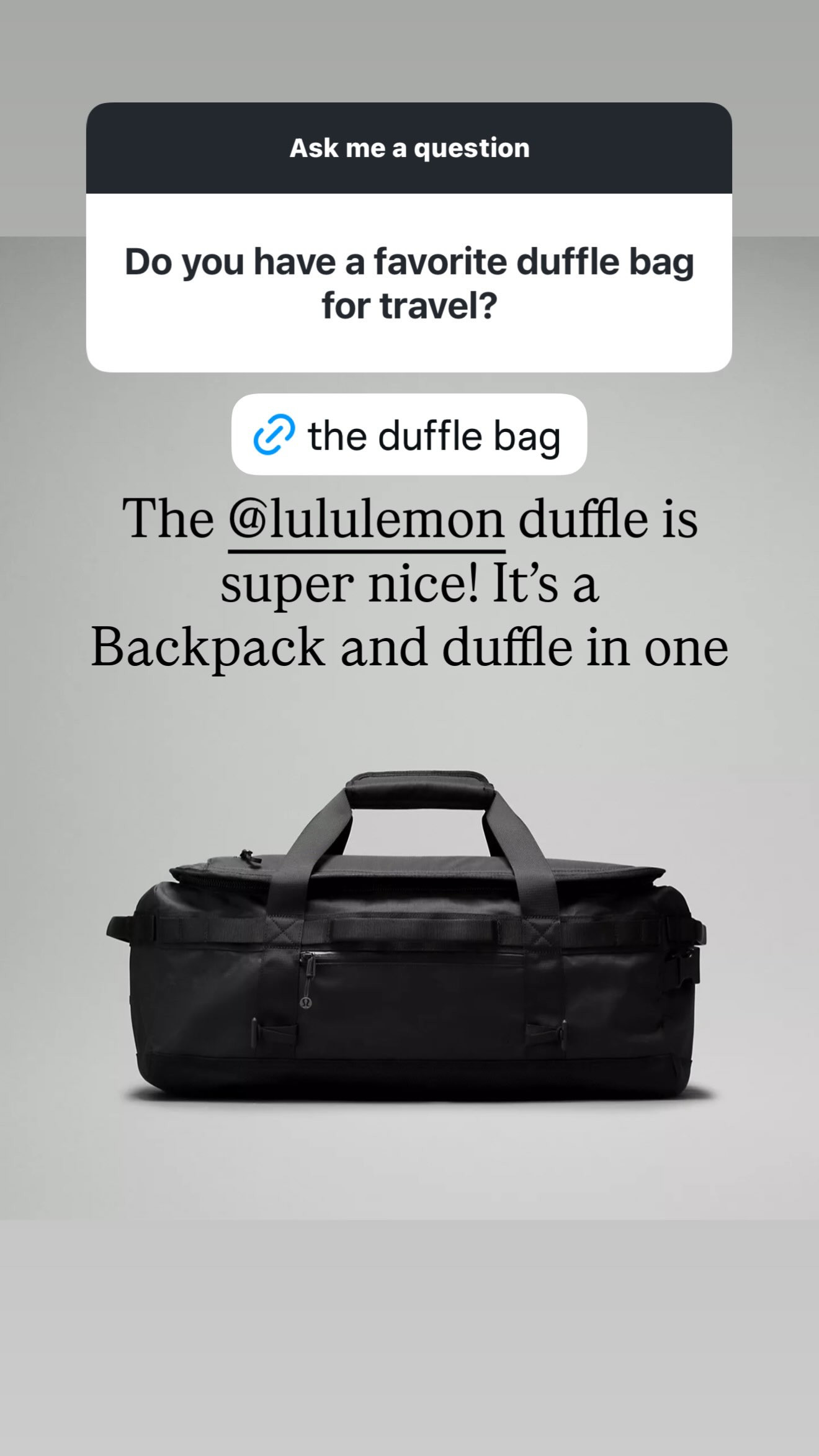 The @lululemon duffle is super nice! It’s a backpack and duffle in one!

#LTKTravel #LTKActive #LTKfitnessgoals