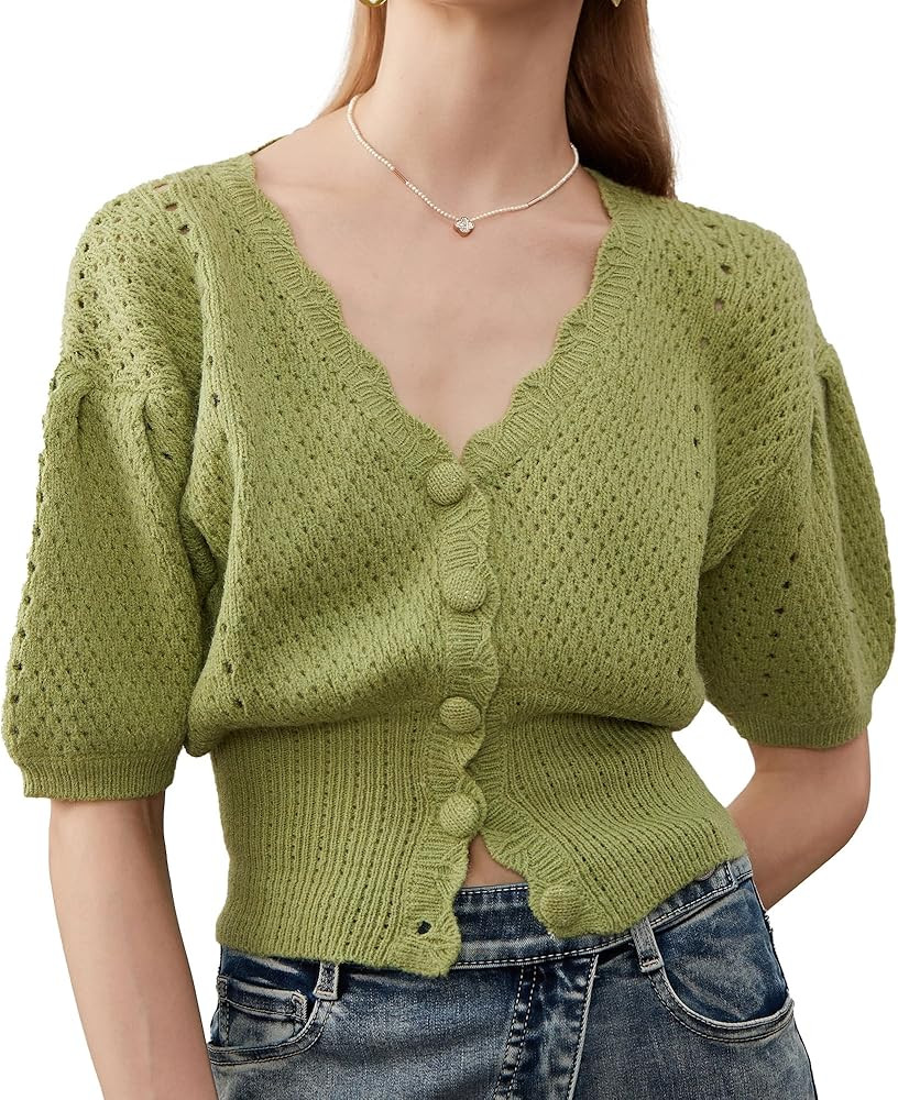 Women's Puff Short Sleeve Sweater V-Neck Button Knit Tops Crochet Soft Knitwear | Amazon (US)