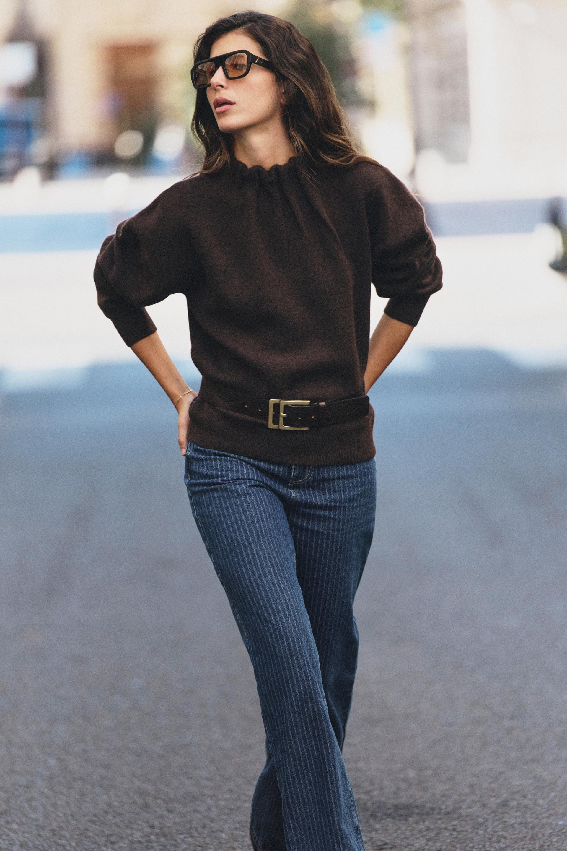 Zara - Ruffled Collar Knit Sweater - Dark Brown - L - Woman | Zara US