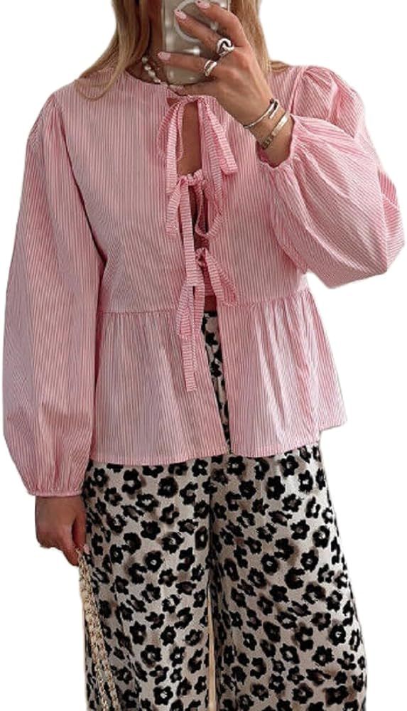 Women Y2k Puff Sleeve Peplum Shirts Bow Tie Front Blouse Flared Ruffle Hem Babydoll Tops Cute Sum... | Amazon (US)