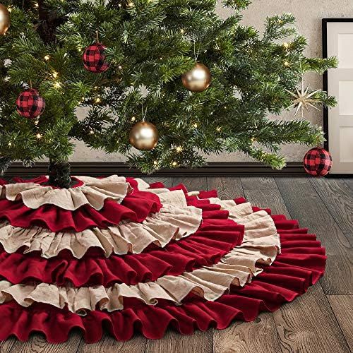 Meriwoods Ruffled Burlap Christmas Tree Skirt 48 Inch, Large Natural Linen Tree Collar, Country Rust | Amazon (US)