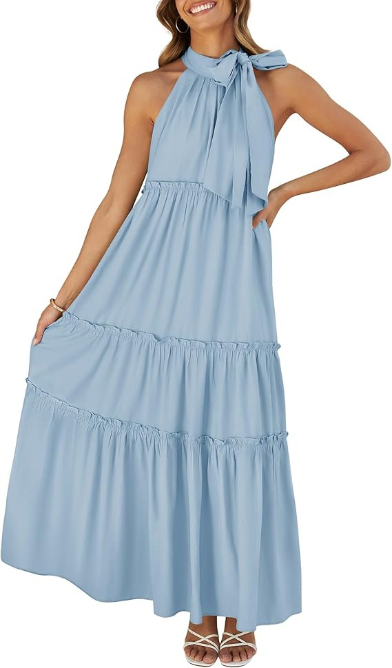 ZESICA Womens Summer Boho Halter Maxi Dresses 2024 Casual Sleeveless Pleated Tiered Flowy Beach V... | Amazon (US)