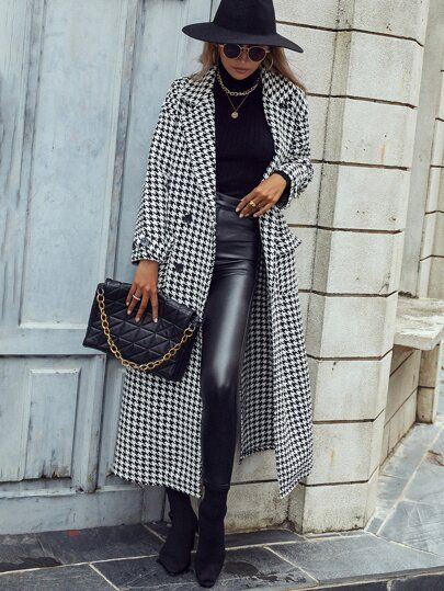 Houndstooth Double Breasted Slit Back Overcoat | SHEIN