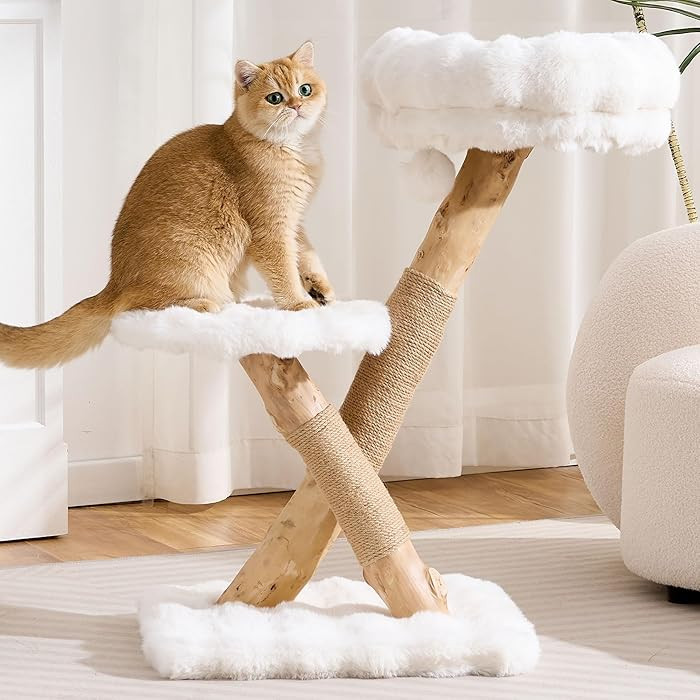HITTITE Natural Solid Wood Cat Tree Tower with Scratching Post, 32 Inches Tall Modern Cat Tower w... | Amazon (US)