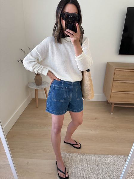 Madewell Emmet shorts. I’d say size up. Waist is a bit cinched. 

Madewell sweater small
Madewell shorts 25
Madewell sandals 5
Madewell tote 

#LTKitbag #LTKshoecrush