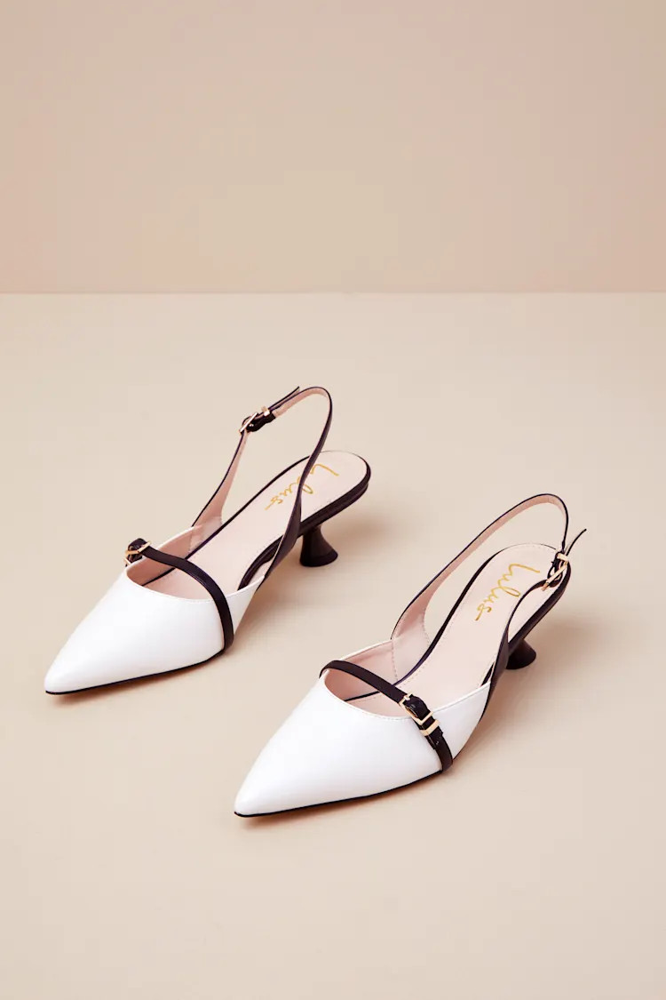 Hughette White & Black Color Block Pointed-Toe Slingback Pumps | Lulus