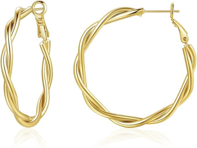 Hoop Earrings for Women, 14K Gold Sterling Silver Chunky Twisted Hoops Earring Hypoallergenic Ear... | Amazon (US)