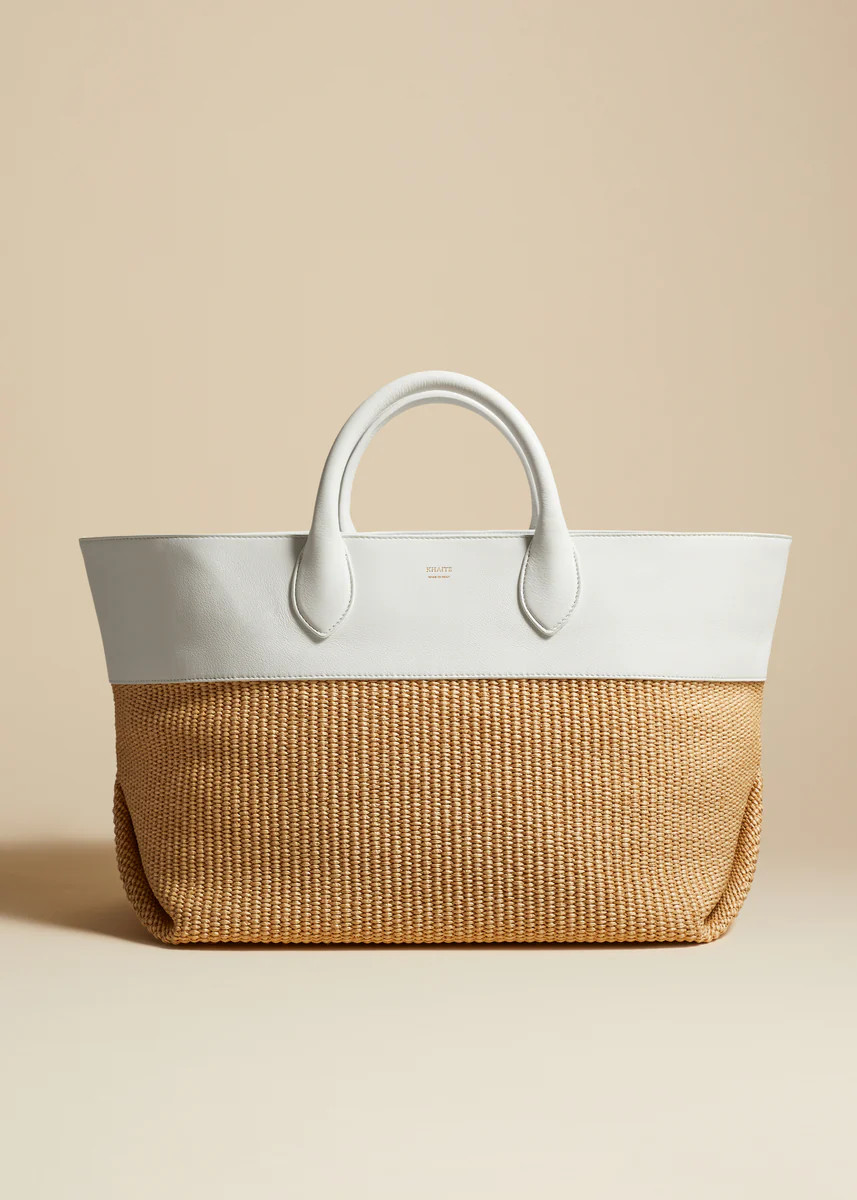 The Medium Amelia Tote in Natural Raffia and White Leather | Khaite