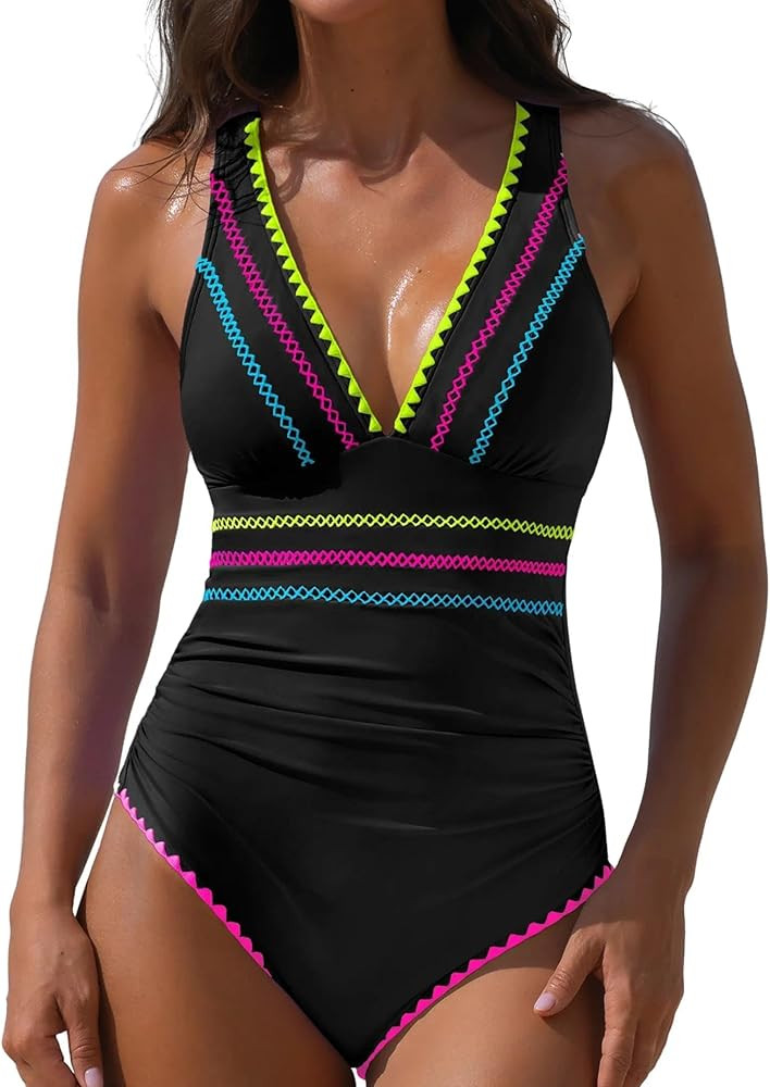 popvil One Piece Swimsuits for Women 2026 Tummy Control Neon Bathing Suit with Adjustable Strap | Amazon (US)